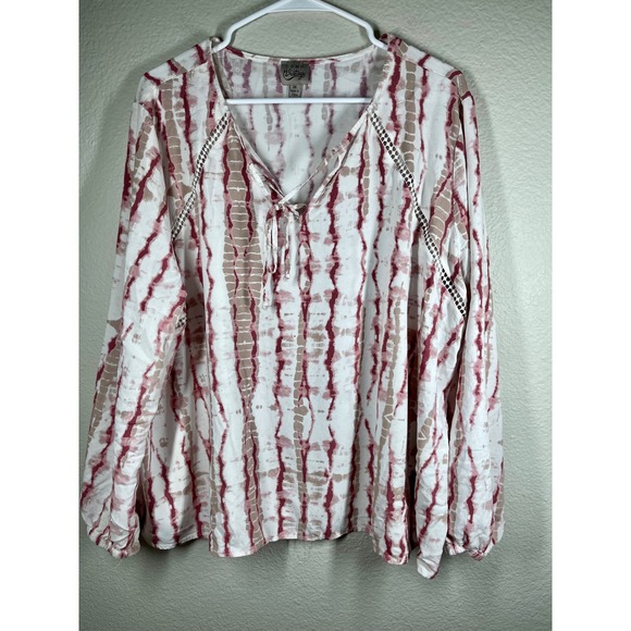 Como Vintage 3X Tie Front Tunic Top Long Sleeve Crinkle Gauze Tie Dye Boho - Picture 1 of 9